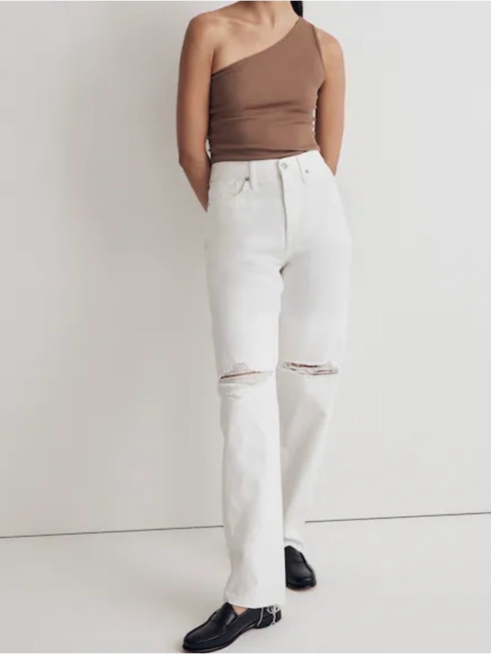 Madewell Baggy Straight High-Rise Wide Leg White Distressed Jeans size 30